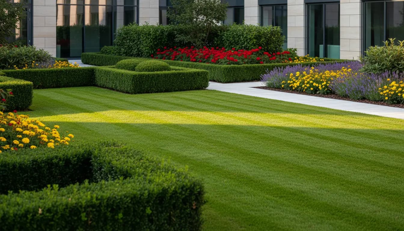 Professionelle Grünanlagenpflege – gepflegter Rasen und Hecken